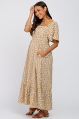 Mocha Smocked Ruffle Hem Maternity Midi Dress