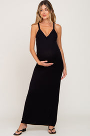 Black Ribbed Basic Maternity Maxi Dress