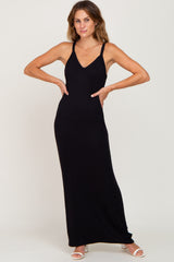 Black Ribbed Basic Maternity Maxi Dress