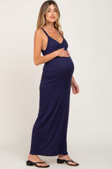 Navy Ribbed Basic Maternity Maxi Dress