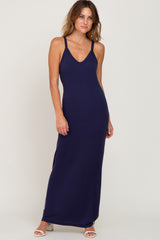 Navy Ribbed Basic Maternity Maxi Dress