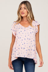 Pink Floral Lace Trim V-Neck Maternity Top