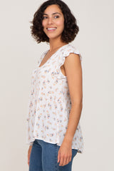 Ivory Floral Lace Trim V-Neck Top