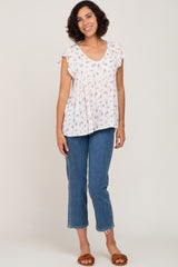 Ivory Floral Lace Trim V-Neck Top