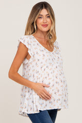 Ivory Floral Lace Trim V-Neck Maternity Top