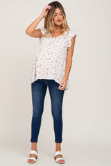 Ivory Floral Lace Trim V-Neck Maternity Top