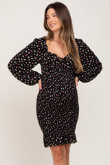 Black Floral Sweetheart Neck Smocked Long Sleeve Maternity Dress