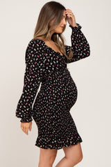 Black Floral Sweetheart Neck Smocked Long Sleeve Maternity Dress