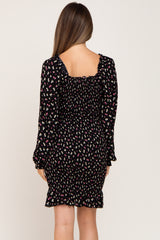 Black Floral Sweetheart Neck Smocked Long Sleeve Maternity Dress