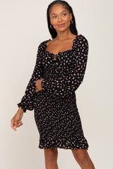 Black Floral Sweetheart Neck Smocked Long Sleeve Dress