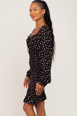 Black Floral Sweetheart Neck Smocked Long Sleeve Dress