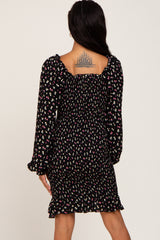 Black Floral Sweetheart Neck Smocked Long Sleeve Dress