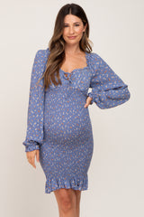 Blue Floral Sweetheart Neck Smocked Long Sleeve Maternity Dress