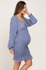 Blue Floral Sweetheart Neck Smocked Long Sleeve Maternity Dress