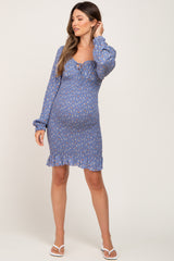 Blue Floral Sweetheart Neck Smocked Long Sleeve Maternity Dress