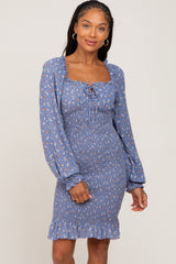 Blue Floral Sweetheart Neck Smocked Long Sleeve Dress