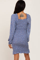 Blue Floral Sweetheart Neck Smocked Long Sleeve Dress