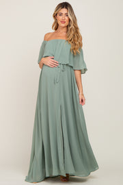 Light Olive Chiffon Off Shoulder Maternity Maxi Dress