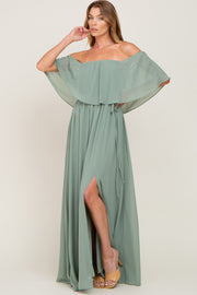 Light Olive Chiffon Off Shoulder Maxi Dress