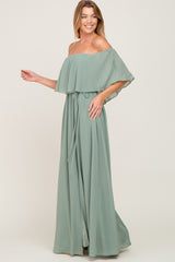 Light Olive Chiffon Off Shoulder Maxi Dress