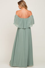 Light Olive Chiffon Off Shoulder Maxi Dress