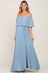 Light Blue Chiffon Off Shoulder Maternity Maxi Dress