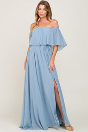 Light Blue Chiffon Off Shoulder Maxi Dress