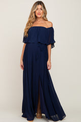 Navy Blue Chiffon Off Shoulder Maternity Maxi Dress