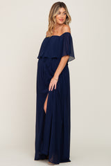 Navy Blue Chiffon Off Shoulder Maternity Maxi Dress