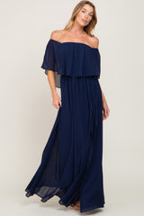 Navy Blue Chiffon Off Shoulder Maternity Maxi Dress