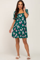 Forest Green Floral Smocked Puff Sleeve Maternity Dress