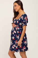 Navy Floral Smocked Puff Sleeve Maternity Dress