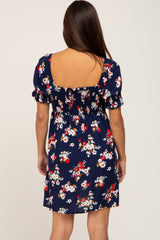 Navy Floral Smocked Puff Sleeve Maternity Dress