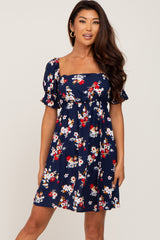 Navy Floral Smocked Puff Sleeve Maternity Dress