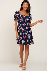 Navy Floral Smocked Puff Sleeve Dress