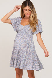 Blue Smocked Flounce Sleeve Maternity Dress