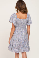 Blue Smocked Flounce Sleeve Dress