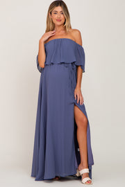 Blue Chiffon Off Shoulder Maternity Maxi Dress