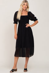 Black Swiss Dot Puff Sleeve Midi Dress