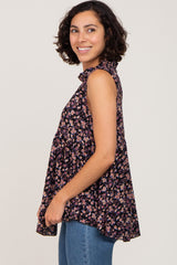 Navy Blue Floral Mock Neck Babydoll Blouse