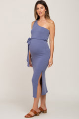 Blue Ribbed One Shoulder Side Slit Maternity Midi Dress