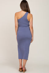 Blue Ribbed One Shoulder Side Slit Maternity Midi Dress