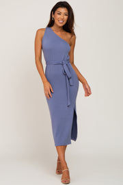 Blue Ribbed One Shoulder Side Slit Midi Dress