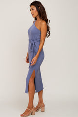 Blue Ribbed One Shoulder Side Slit Midi Dress