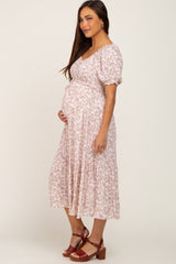 Light Pink Floral Smocked Sweetheart Neck Maternity Midi Dress