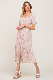 Light Pink Floral Smocked Sweetheart Neck Midi Dress