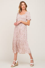 Light Pink Floral Smocked Sweetheart Neck Maternity Midi Dress