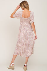 Light Pink Floral Smocked Sweetheart Neck Midi Dress