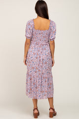 Mauve Floral Smocked Sweetheart Neck Maternity Midi Dress