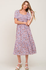 Mauve Floral Smocked Sweetheart Neck Maternity Midi Dress